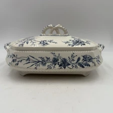 Blue White Transferware Covered Dish Antique Ceramic Vegetable Tureen Unmarked