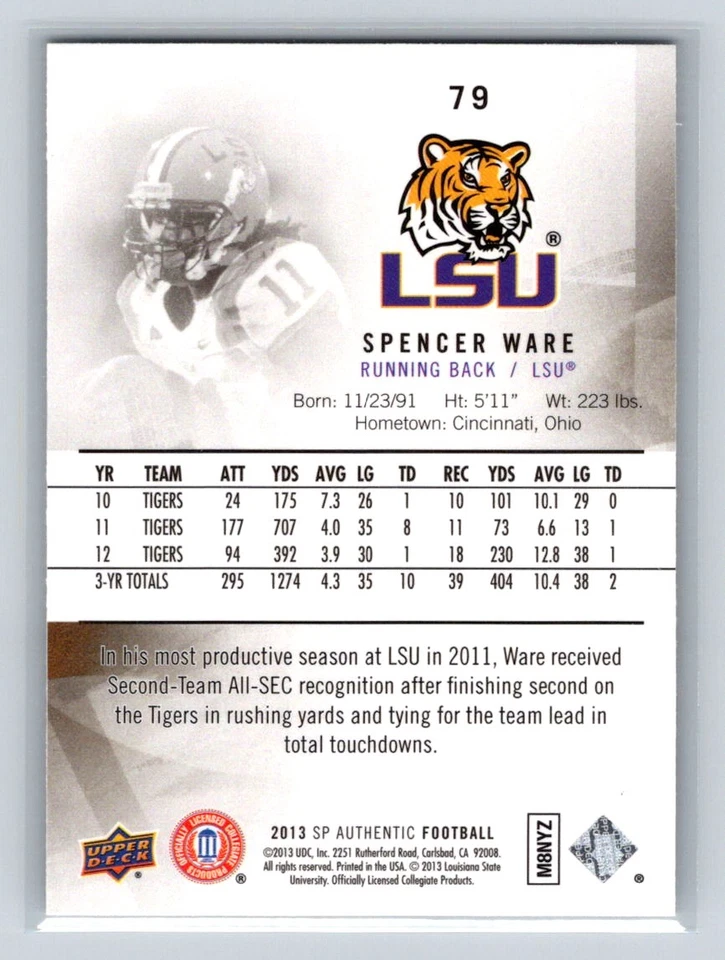 2013 SP Authentic #79 Spencer Ware   LSU Tigers - Image 2 of 2