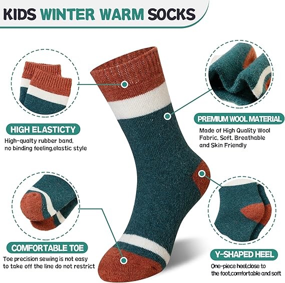 6 Pairs Kids Merino Wool Socks Boys Girls Thermal Winter Hiking Cozy Toddler
