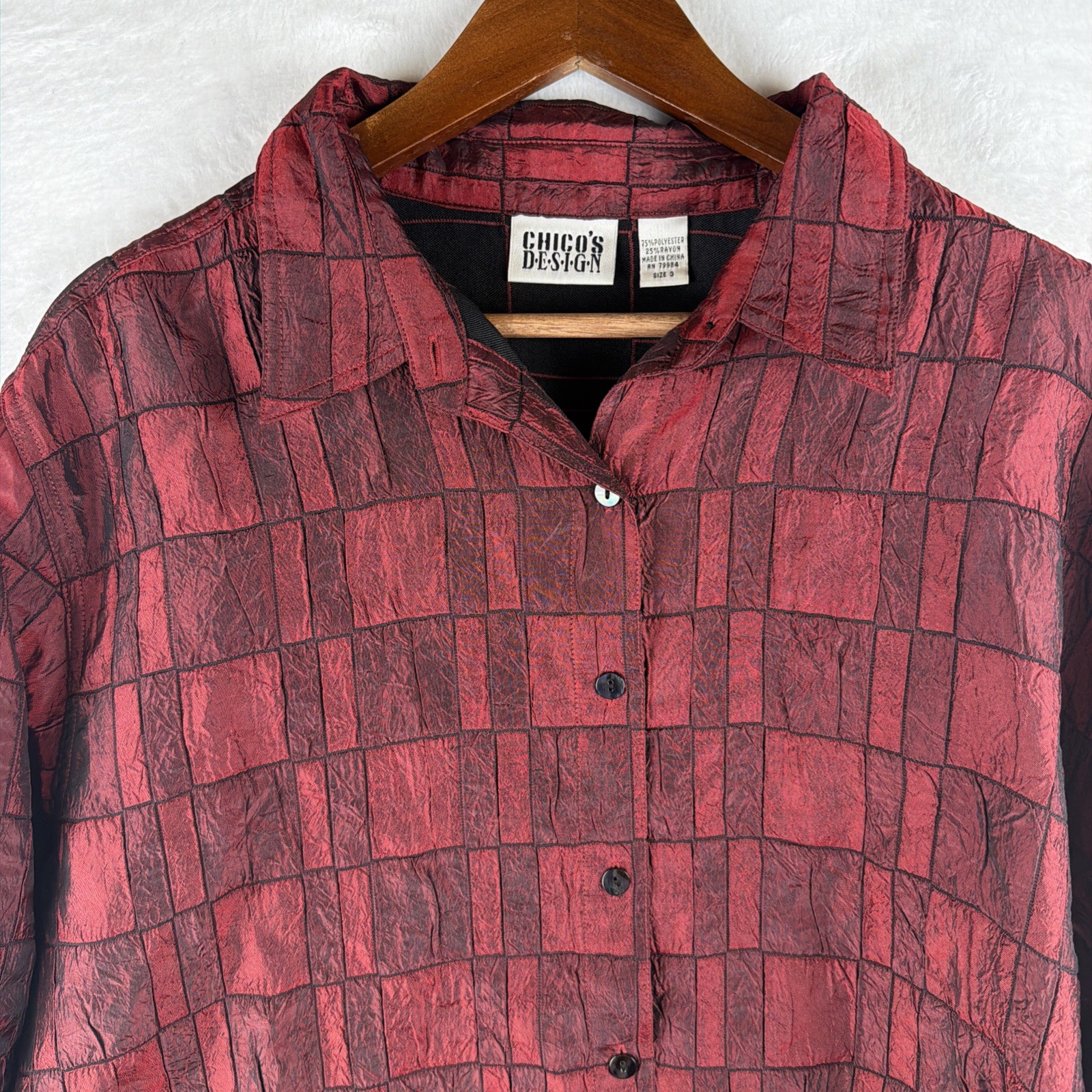 Chico's Red Black Patchwork Shirt Jacket Size 3 A… - image 2