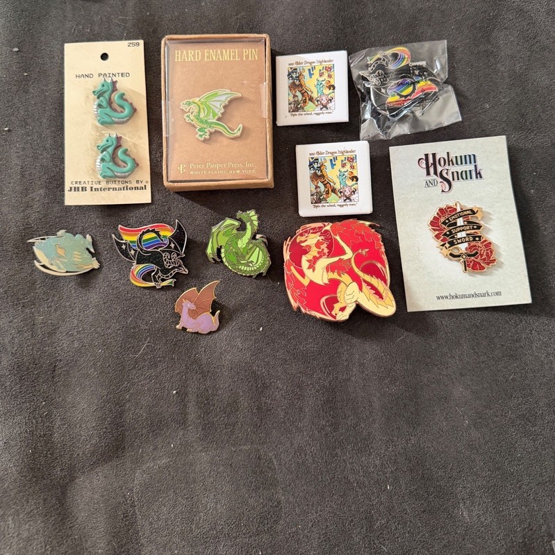 Lot Of Assorted Dragon-Themed Pins And Buttons Including Enamel Hand-Painted And