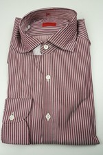 Isaia Garnet Red White Striped Long Sleeve Cotton Dress Shirt 15.5/39 NEW