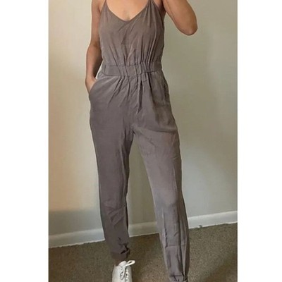 Thread and Supply Khaki Cargo Jumpsuit Tencel Jogger Adjustable Straps Read Sz S
