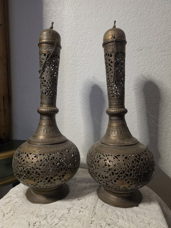 Brass Antique Insense Set of 2 Matching Incense Burners Large W/Top Vintage MCM