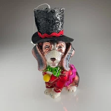 JoAnn Place & Time Basset Hound Dog in Top Hat Blown Glass Christmas Ornament