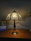 Vintage Style Tiffany Lamp Etched Glass Floral Shade Brass Table Lamp