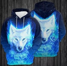 3D Blue Wolf Hoodie Galaxy Flame Design Unisex Spirit Animal Sweatshirt