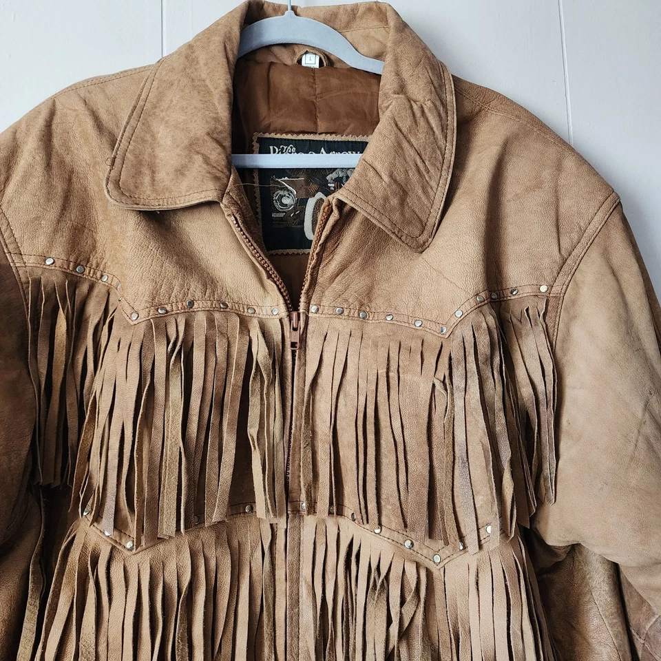 Chaqueta Vintage Años 90 Gamuza Cuero Flecos Marrón Camel Western Boho Grunge L Foto 2 de 4
