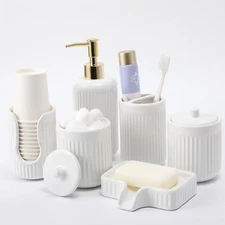 Ceramic Bathroom Accessories Set of 6 White, Soap Dispenser, Toothbrush Holde...