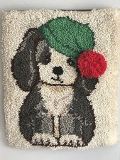 Vintage 70s Holiday Puppy Dog Latch Hook Rug Wall Hanging