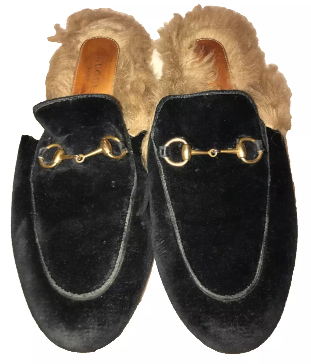 Chaussures plates Gucci Princetown fourrure mules Horsebit velours noir taille 38