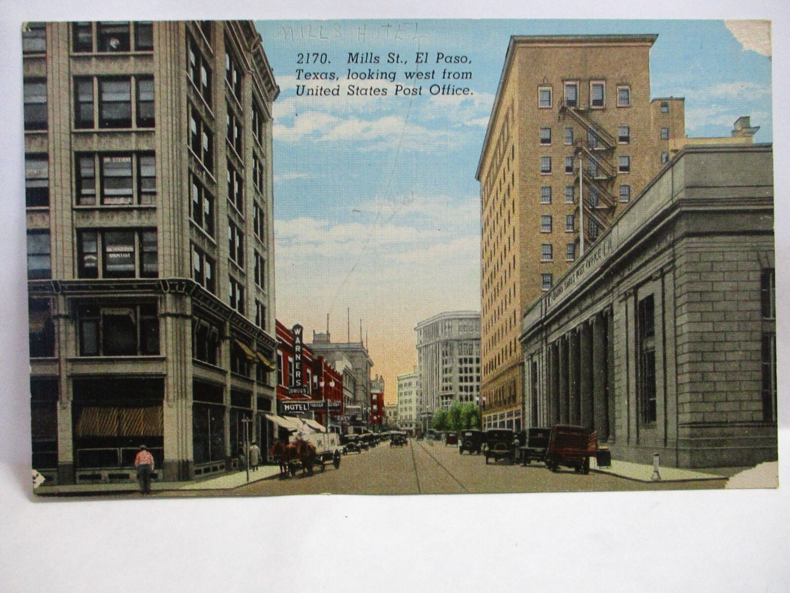 1930 POSTCARD MILLS ST. EL PASO TX W FROM POST OFFICE STOREFRONTS