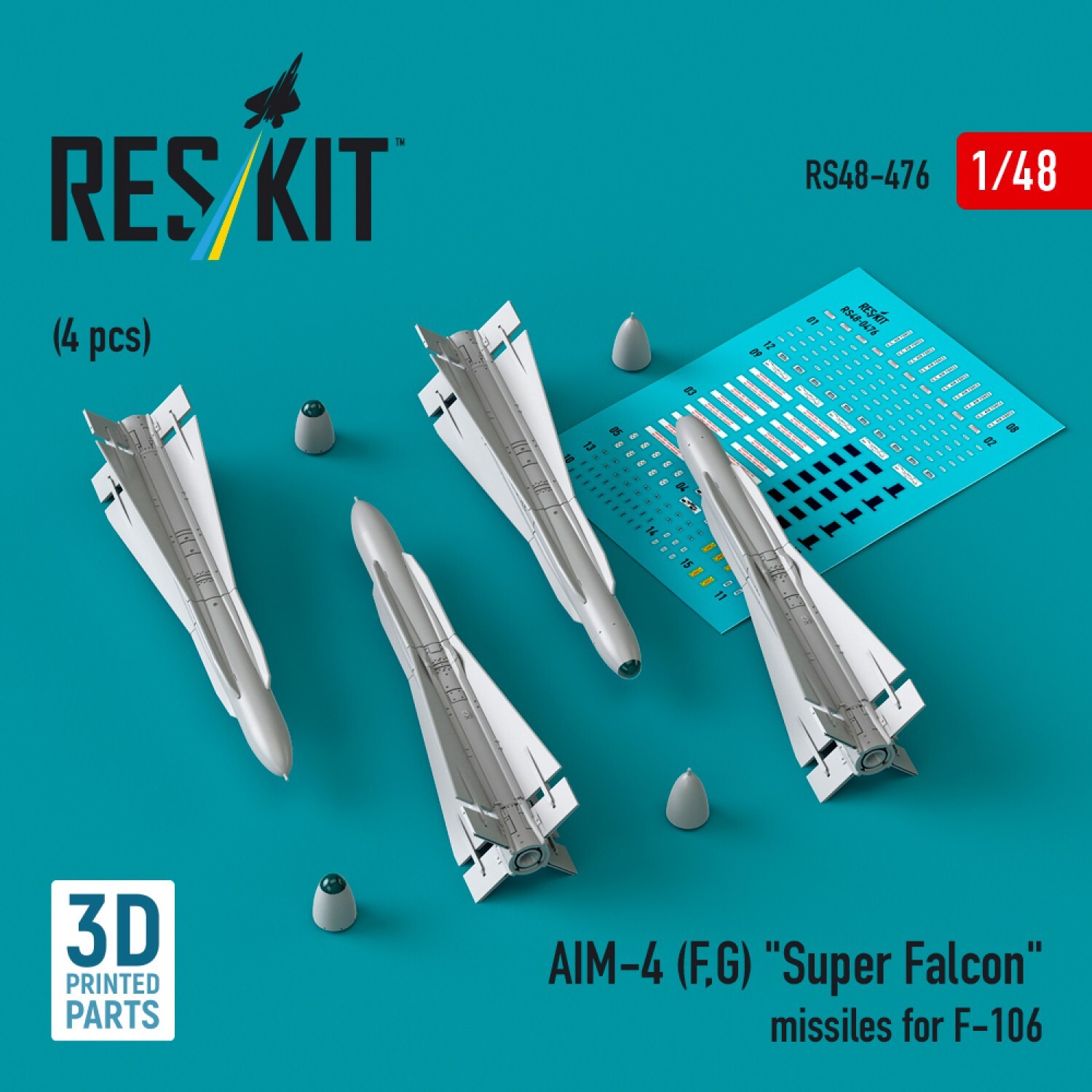 1:48 Scale AIM-4 Super Falcon Missiles ResKit RS48-0476 for F-106 (4 pcs)