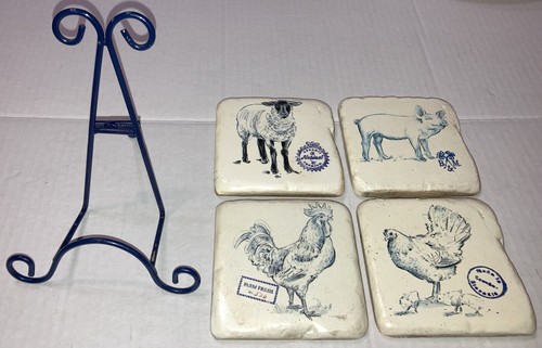 M Chad & Barrett Collection Chicken Sheep Pig Tile Coasters 3.75 x 3 5/8 w/Stand