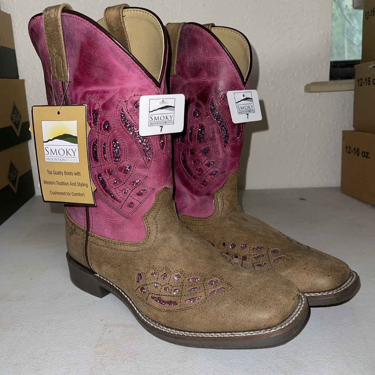 New Girls Smoky Mountain Boots 3161Y Glitter Brown Pink Western