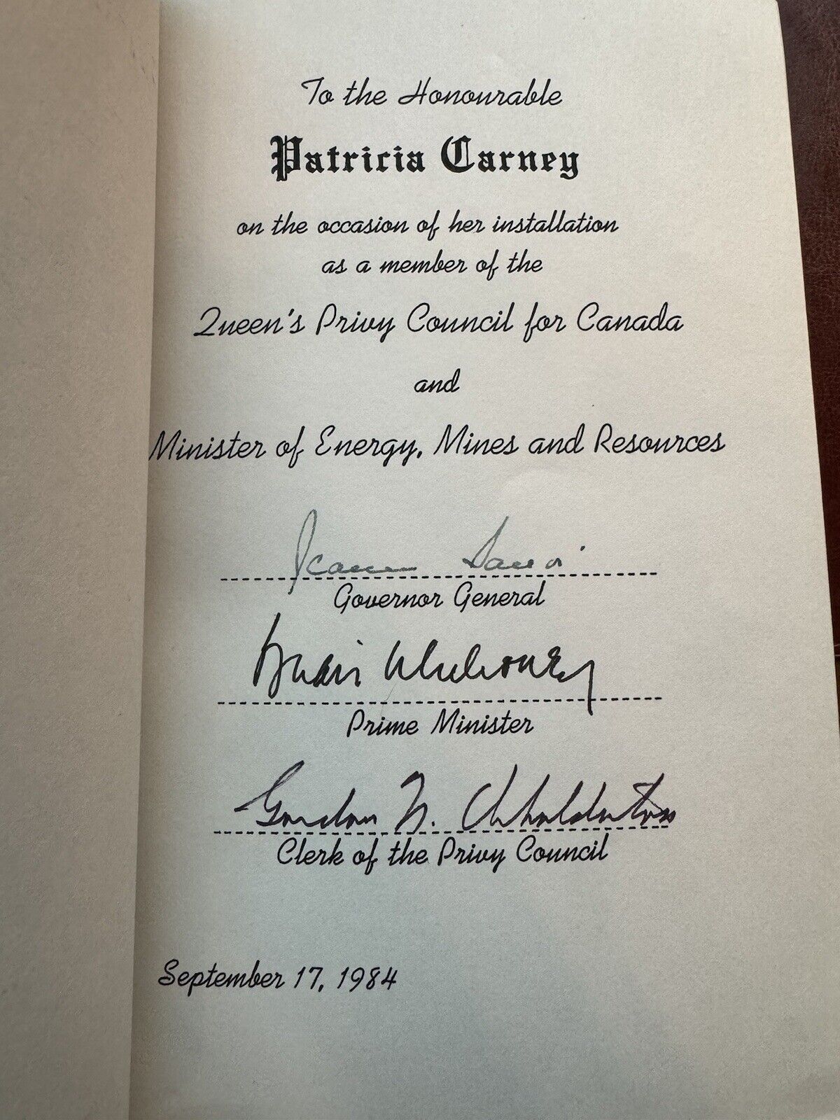 Cabinet Bible - Canadian Prime Minister Brian Mulroney Political Memorabilia