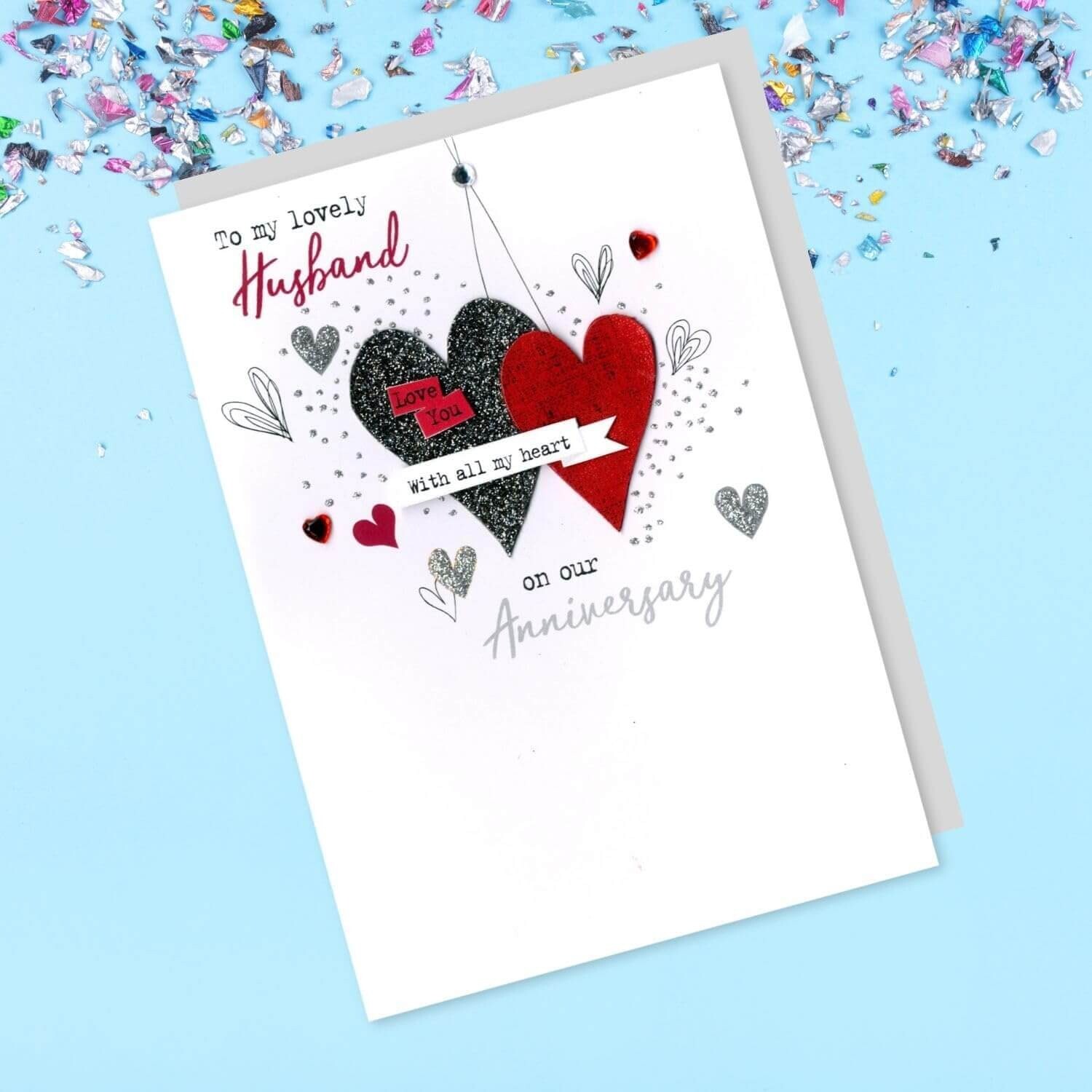 Anniversary Card Husband Wedding Hearts - Pretty Jewel Embellished Greeting Card