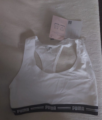 Puma Womens Racerback Crop Top  Bralette Non Padded Sports White Size Uk Large