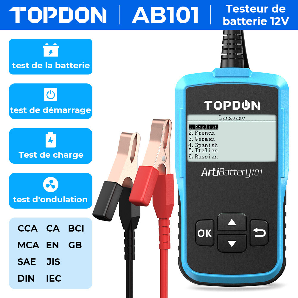 Testeur de batterie 12V TOPDON AB101 : analyseur système de charge auto et testeur démarreur CCA