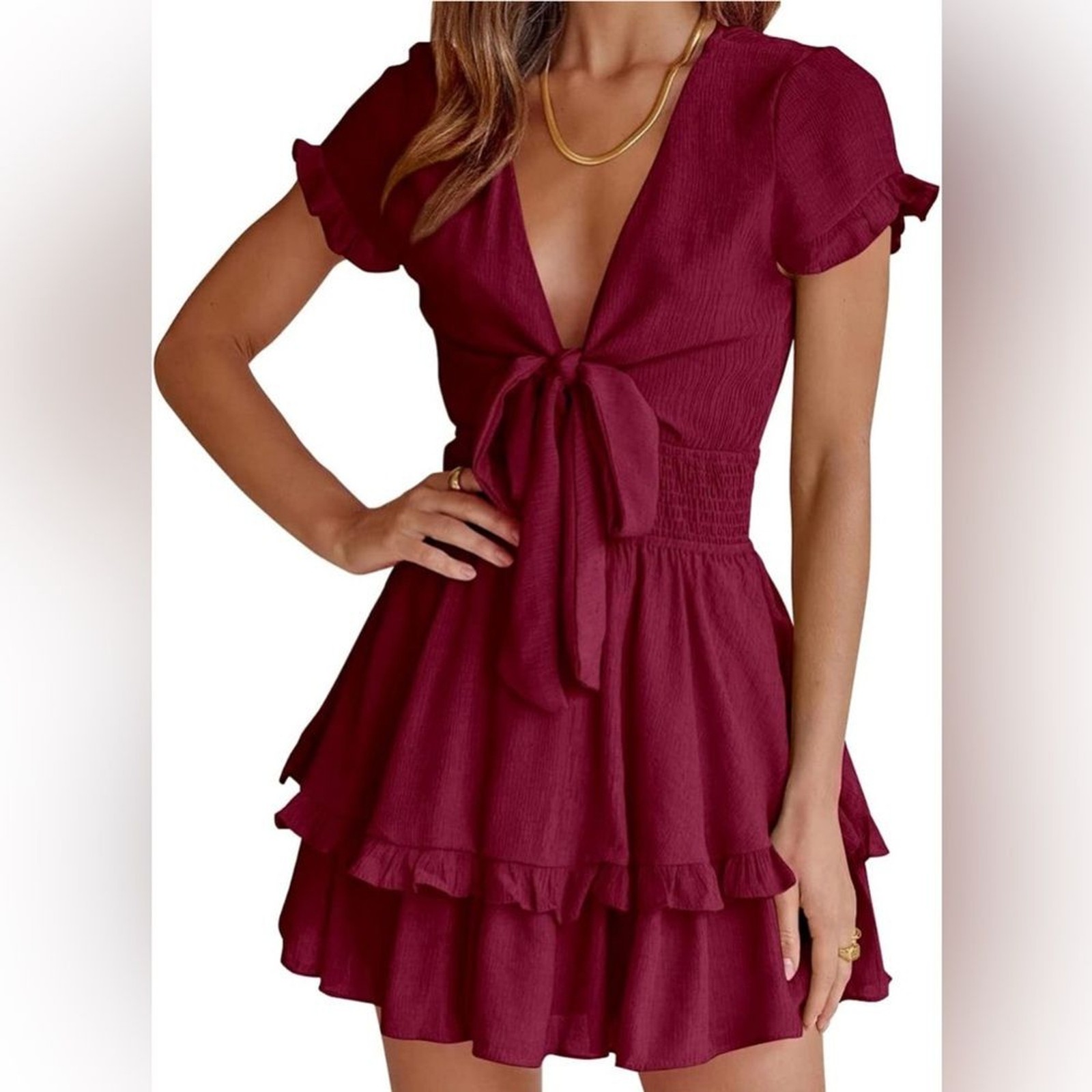 Pretty Garden Tie Front Ruffle Dress Maroon Large