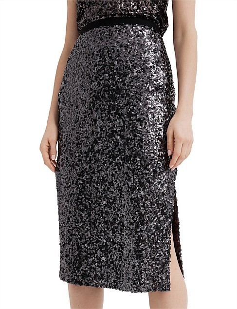 Witchery Sequin Slip Skirt Midi Silver Grey Size AU/UK 8 EUC Pencil Party Formal