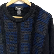 Vintage Tosani Crew Neck Sweater Chunky Waffle Knit Geometric Wool Black Mens XL