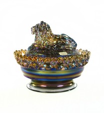 Imperial Glass Peacock (Smoke) Carnival Lion Covered Dish - Made 1966