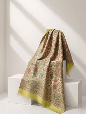 Sanskriti Vintage Cream Pure Woolen Shawl Floral Woven Indian Stole Scarf Wrap