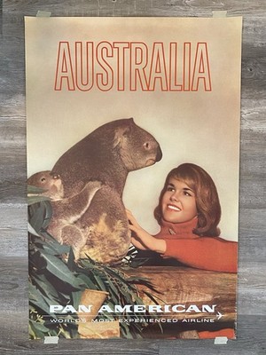 Original Vintage Pan Am  Australia  Travel Poster ~ c. 1960s ~ Koala Bears ￼RARE