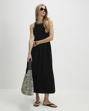 River Island Womens Maxi Dress Black Sleeveless Whipstitch Detail Round Neck