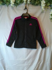 Girl's Adidas Jogger Jacket Black w/ Pink Logo & Stripes Size 10-12