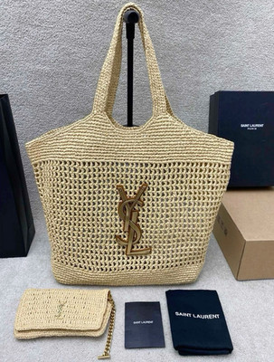 Saint Laurent YSL Logo Woven Tote Bag Beige w/ Dust Bag, Card & Bag Charm