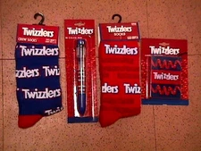 TWIZZLERS Licorice Candy Lot 2 Pr Adult SOCKS, 10 Color Ink PEN, & Jumbo ERASER