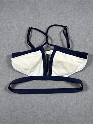 L*SPACE Colorblock Triangle White Navy Bikini Top Size Large