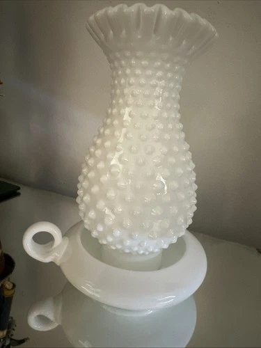 Vintage Fenton White Milk Glass Hobnail Hurricane Finger Lamp