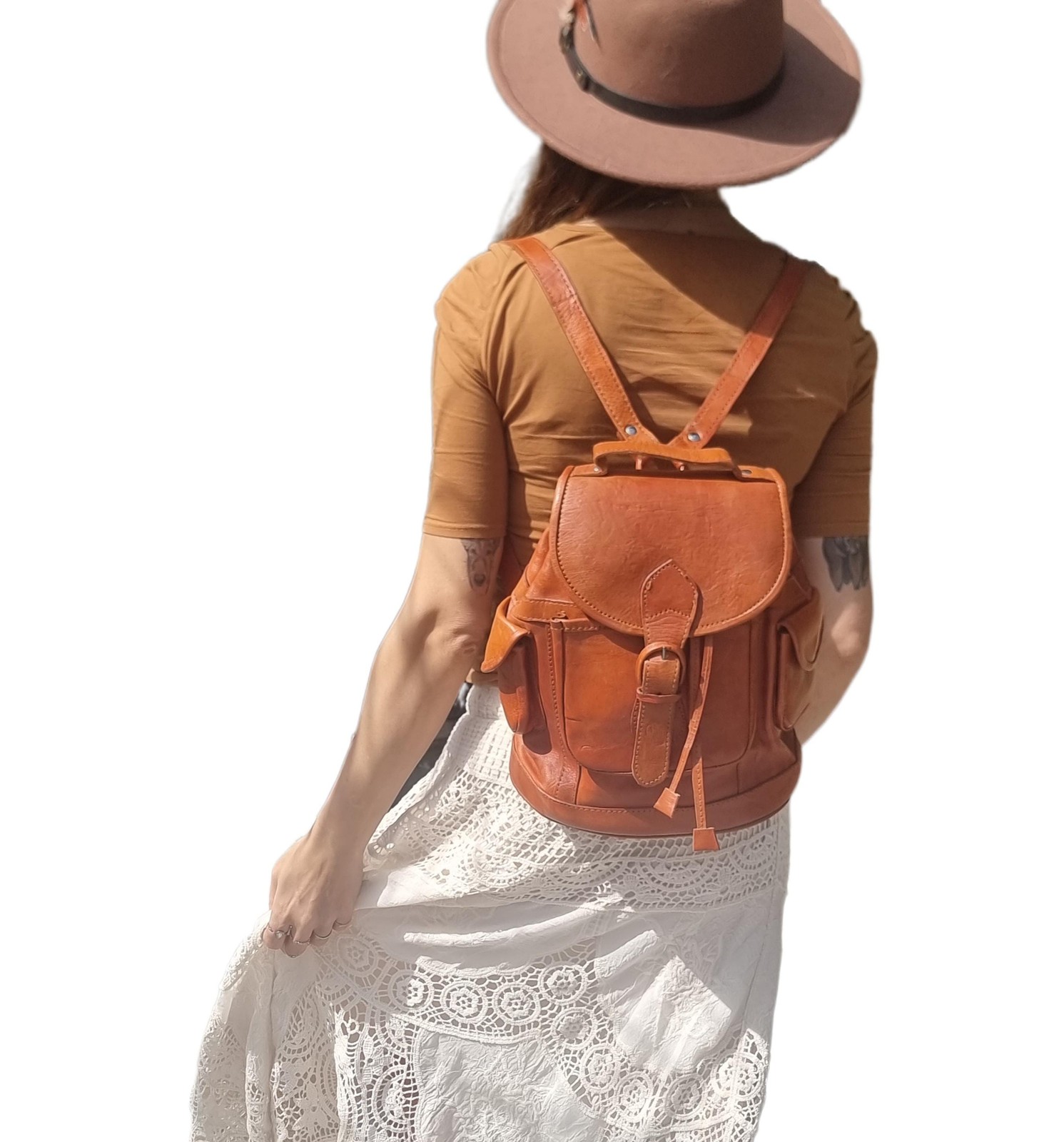 Tan Leather Drawstring Backpack | Small Boho Ruck… - image 7
