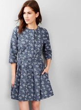 Gap Linen Print Dress 3/4 Sleeve Women’s 14 Snap Front Blue White
