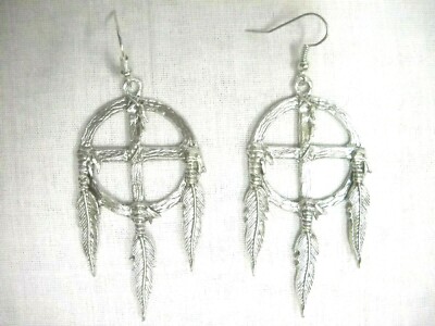 4 CORNERS TRIBAL MEDICINE WHEEL DREAM CATCHER USA PEWTER PENDANT PAIR EARRINGS