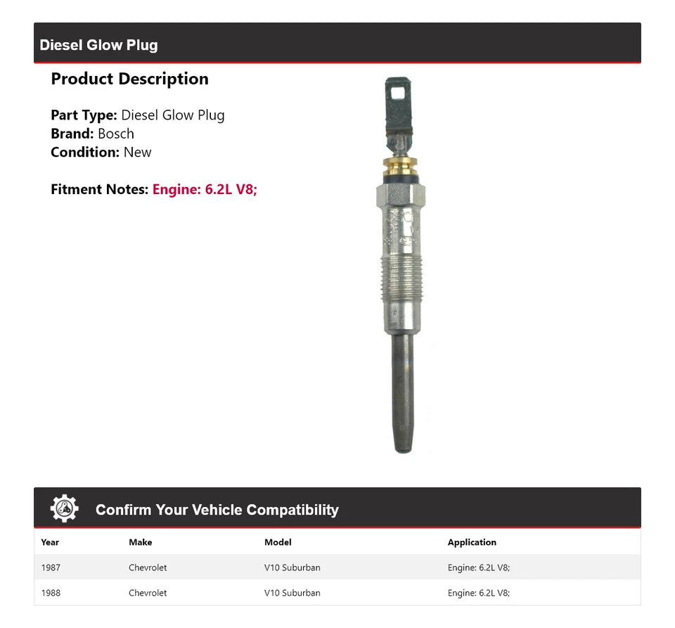 Bujía incandescente diésel Bosch V10 Suburban 1987-1988 6,2 L V8 Foto 2 de 3
