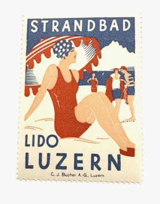 Fantastic Poster Stamp "Strandbad Lido Luzern" - Woman in 1920's Bathing Suit  * - Image 1 of 2