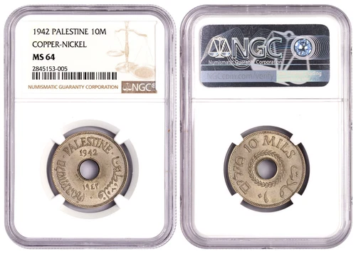 *** NGC *** PALESTINE ** 10 MILS *** 1942 *** RARE YEAR *** WWII *** MS64 *** n2