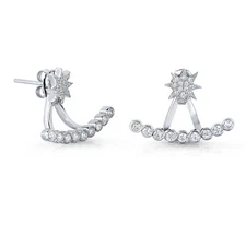 Solid 925 Sterling Silver Starburst CZ Curved Bar Ear Jacket Stud Earrings