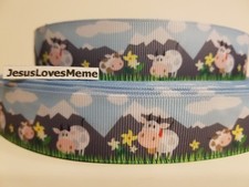Grosgrain Ribbon Dairy Farm Cows Cattle Grazing Pasture Snow Capped Mountains 1"