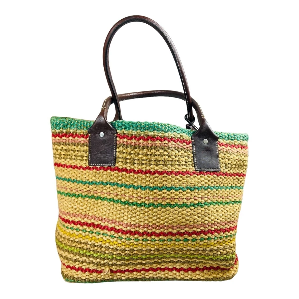 Bolso de Mano de Playa GAP Tejido Cuero Paja Rayas Yute Rayas Boho Doble Asa Foto 2 de 4