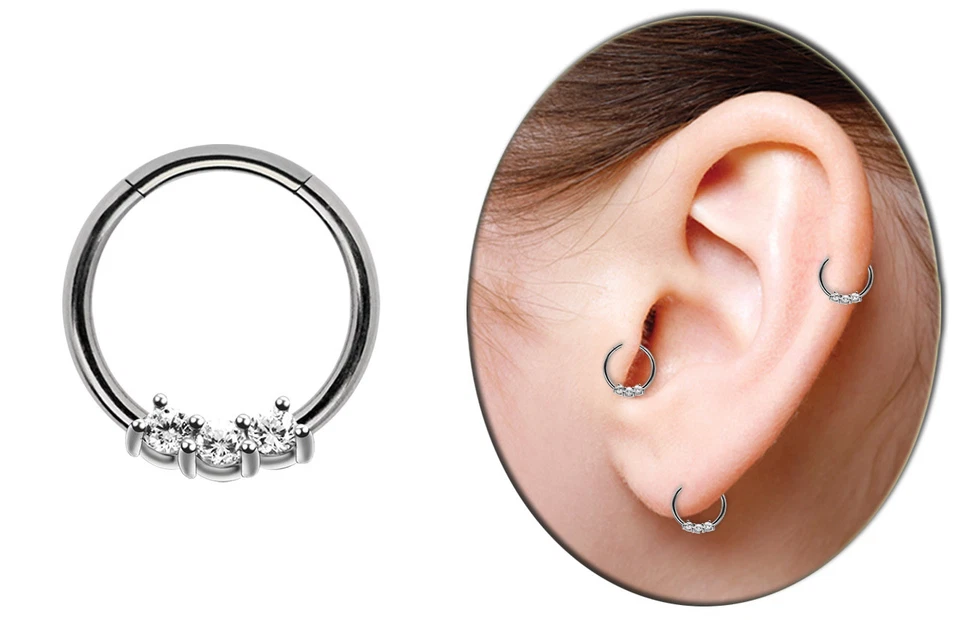 Setto Tragus Helix Piercing Gioielli Segmento Click Anello Con 3 Crystal Pietre - Immagine 3 di 4