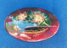 Vintage Russian Toleware Painted Pin Brooch Floral Signed Black Lacquer
