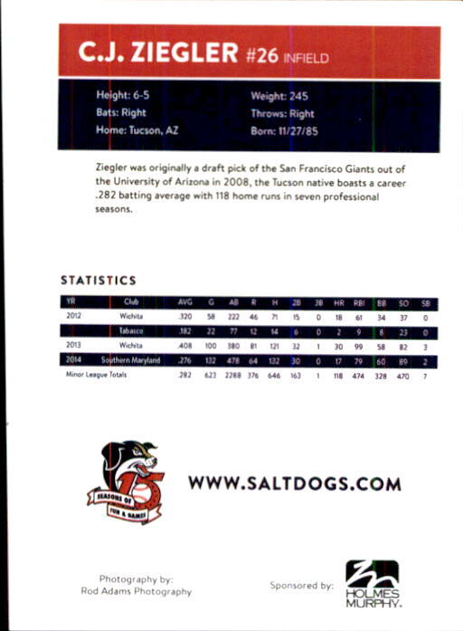 2015 Lincoln Saltdogs Team Issue 28 C.J. Ziegler Tucson Arizona AZ ...