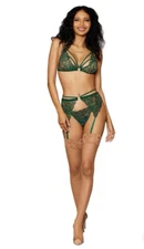 Dreamgirl Metallic Corded Lace 3 Piece Set - Evergreen - 12707 - OS