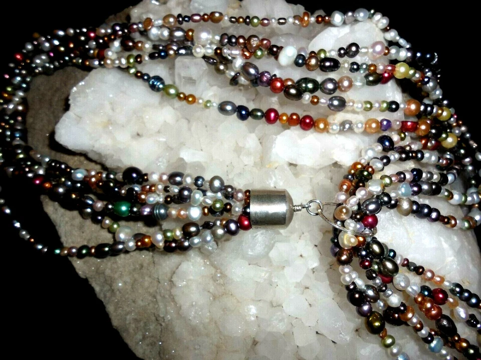 COLLAR 6 HEBRAS MULTICOLOR PERLAS AGUA DULCE LARIAT Y PLATA DE LEY Foto 2 de 4