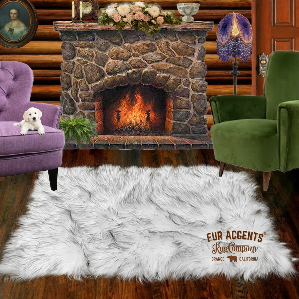 经典北极狼皮矩形地毯,人造毛皮,黑色或棕色 TIp,北极熊 — 第 2/4 张图片